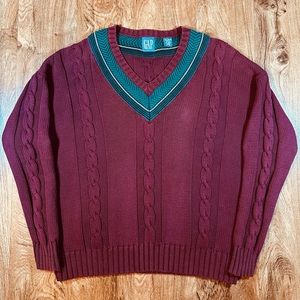 Vintage 90’s GAP Maroon/Burgundy & Green Chunky Cable Knit Sweater Size XL